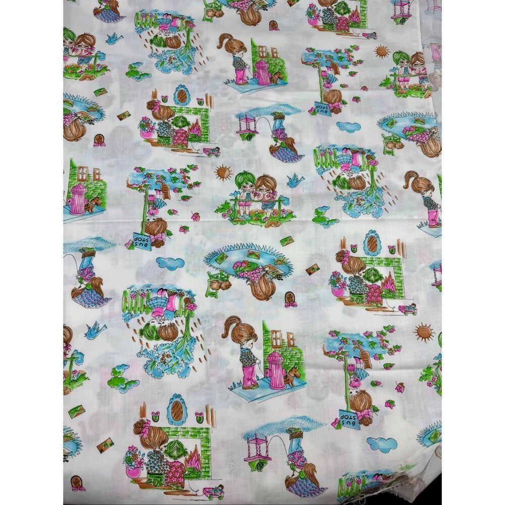 Vintage Holly Hobbie Style Fabric 1970s 44x108” Mod MCM Floral